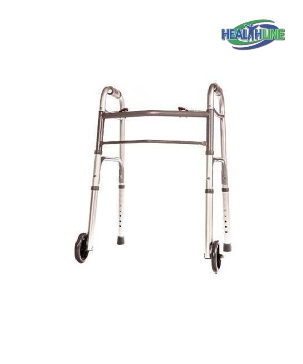 Folding Walker Junior Deluxe 2 Button with Front 5″ Wheels